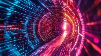 Obraz premium Futuristic Neon Tunnel Abstract Digital Data Stream, Pink & Blue, Cyberspace Background