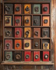 A unique, vintage-style shelving unit is filled with miniature, faux cameras of varying colors and sizes.