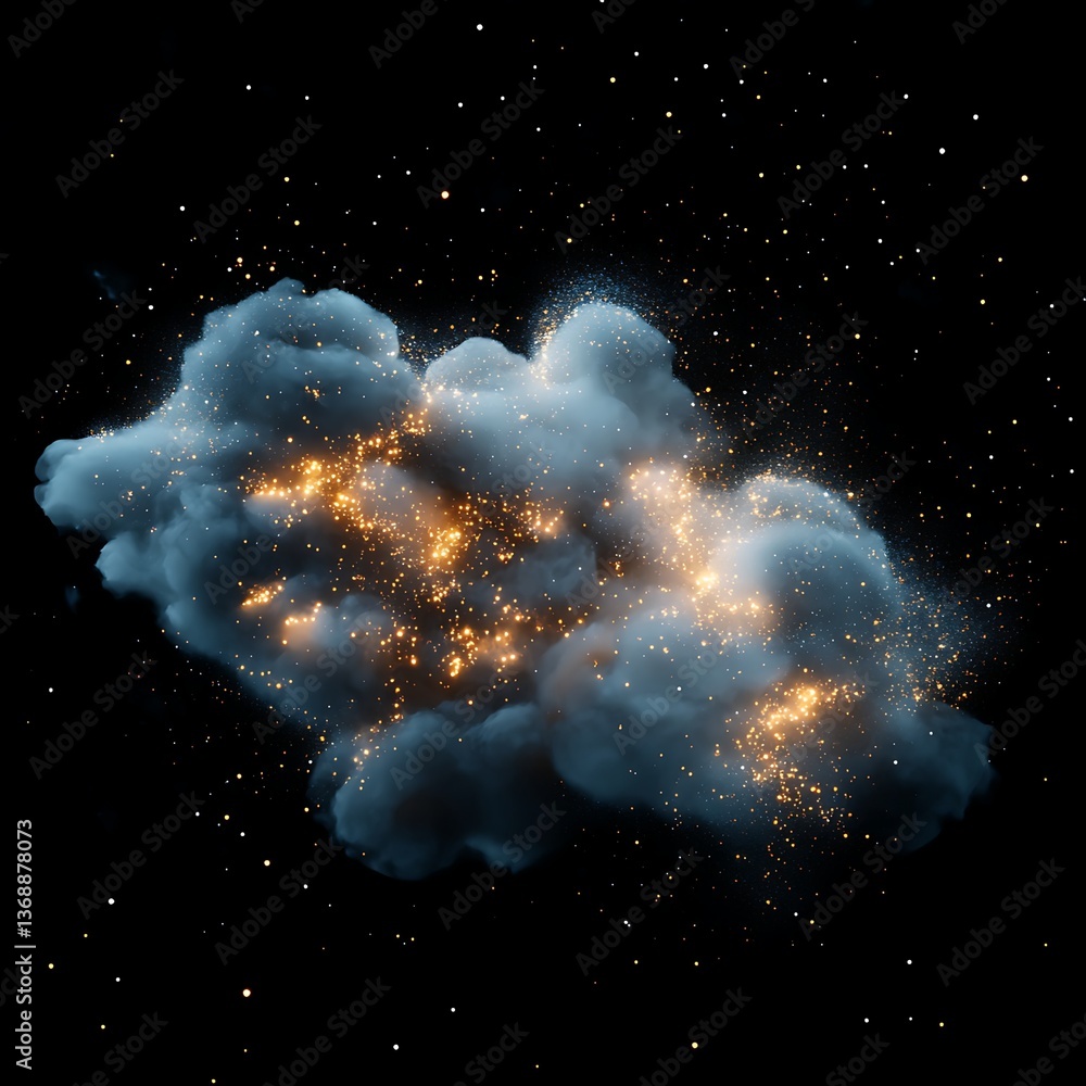 Poster cosmic cloud explosion in deep space. intense energy bursts from a nebula-like mass, illuminating th