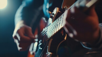 Fototapeta premium Guitarist Performing on Stage with Electric Guitar Under Spotlight in Dark Background