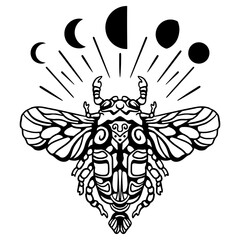 Mystical insect illustration with detailed wings and moon phases. 