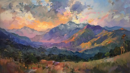 Mountain Landscape at Dawn, Captured in an Oil Painting, Featuring Majestic Peaks Bathed in Soft Morning Light, with Vibrant Colors and Serene Atmosphere