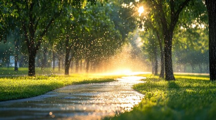 Automated sprinkler system refreshing a city park, creating a serene atmosphere while reducing water waste and maintaining greenery