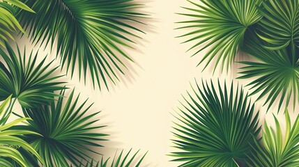Obraz premium Seamless illustration of palm leaves in a tropical style. The design features overlapping green palm fronds with soft shadows and natural textures, creating a fresh, botanical pattern.
