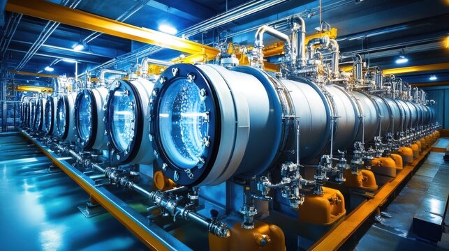 Innovative energy-efficient desalination plant interior showcasing advanced machinery and processes for water purification