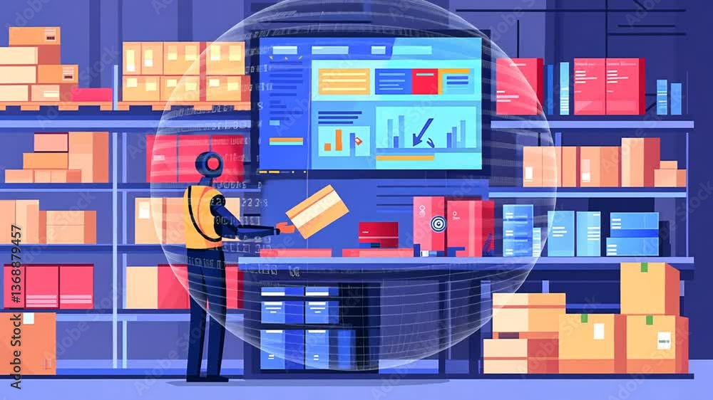 Aufkleber robotic assistant packaging orders in smart warehouse environment generative ai