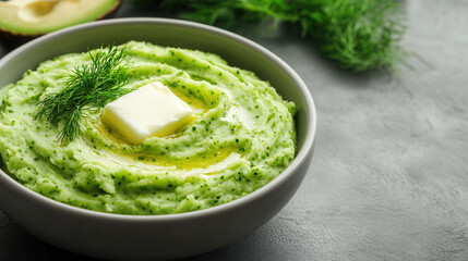 Obraz premium Creamy broccoli mash with butter and fresh dill in a cozy kitchen atmosphere