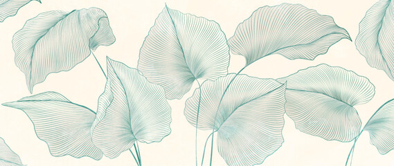 Botanical art background with tropical leaves in blue line art style. Vector plant banner with exotic leaves for decor, print, textile, poster, wallpaper, interior, packaging.