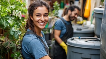 A couple happily working together to install a greywater recycling system at home, demonstrating sustainable living and teamwork in their garden