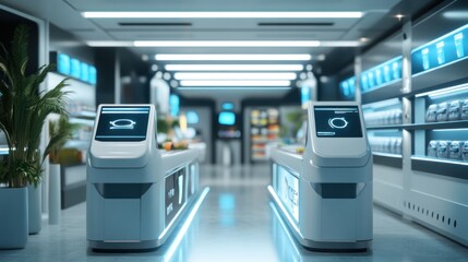 Futuristic Grocery Store, Self-Checkout Kiosks and Automated Retail Experience