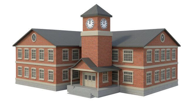 Isolated Classic Brick Schoolhouse with Clock Tower and Manicured Lawn