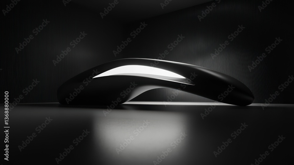 Poster sleek black abstract form with internal light source in dark room.