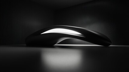 Sleek black abstract form with internal light source in dark room.