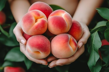 Woman's hands holding a bunch of ripe peaches.