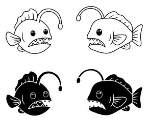 Cute Anglerfish Clipart Set with Transparent Outline and Stamp Silhouettes