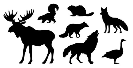 Canadian or North American Wild Forest Animal Silhouette Clipart Set including Moose, Wolf, Fox, Goose, Skunk, Beaver and Raccoon
