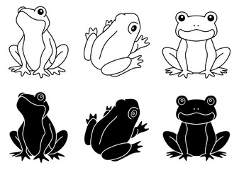 Cute Cartoon Frog Clipart Set with Transparent Outline and Silhouette stamp Variations