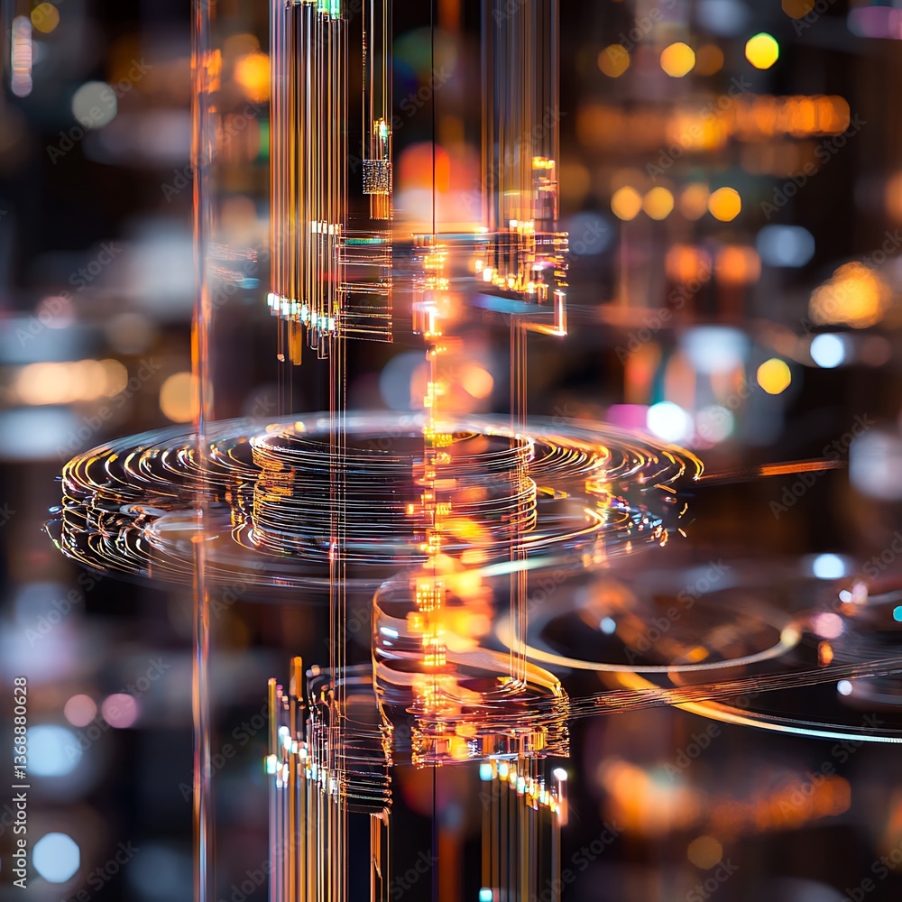 Poster abstract futuristic cityscape within transparent tubes. dynamic glowing structures and light trails 