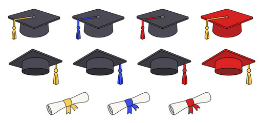 Graduation Mortarboard Cap / Hat and Rolled Certificate or Diploma Clipart Set