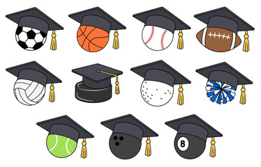 Sports Balls Wearing Graduation Mortarboard Caps or  Hats Clipart Set