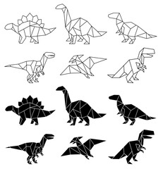 Geometric Origami Dinosaurs Clipart Set on a Transparent Background - Outline and Silhouettes © ATerra