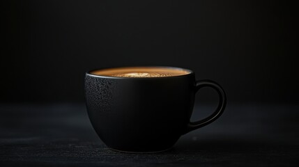 Black cup of coffee against black background.