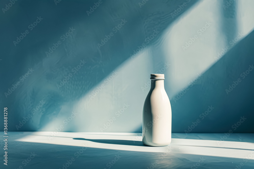 Poster white milk bottle sits on a countertop in front of a blue wall. the bottle is the only object in the