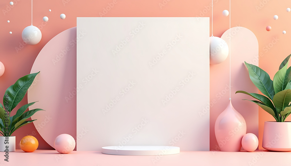 Poster modern minimalist display with plants on pastel background
