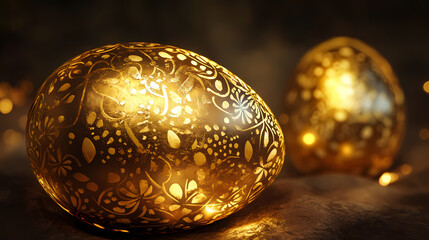 Metallic golden decorated easter eggs gleaming against deep shadowy surface. Shadowy Gleam. Illustration