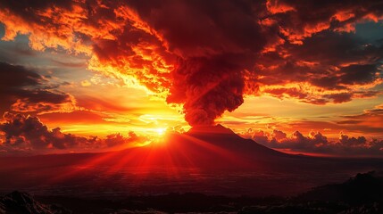 Fiery Sunset with Volcanic Ash Cloud, Sky Painted with Shades of Red and Orange