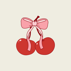 Cute cherries with a coquette bow and ribbon. Vector illustration.