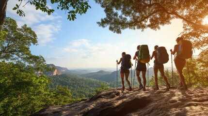 Obraz premium Group of hikers enjoying a scenic view from a mountain top equipped with backpacks and trekkin
