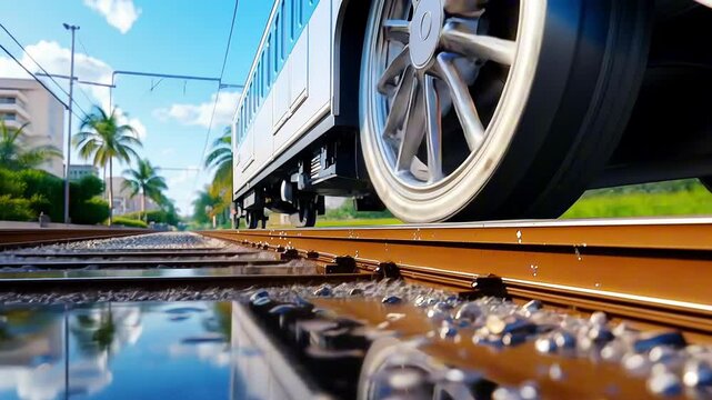 Stylish train moving on rails reflecting in puddle after rain in tropical city