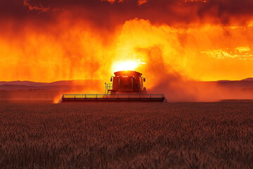 Fototapeta premium A vibrant harvest scene unfolds as a combine harvester dominates a field, bathed in the fiery glow of a sunset.