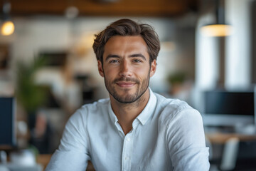 A 40-year-old man of European appearance sits in an organized office at a computer desk. Office space, office work.