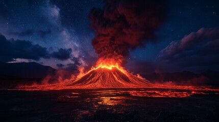 Fototapeta premium Volcanic Eruption Illuminating the Night Sky with Fiery Red Lava