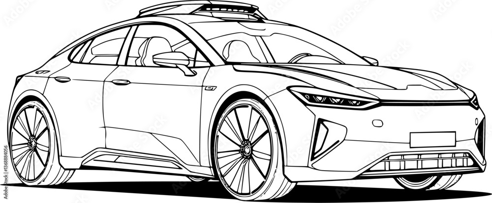 Aufkleber outline of a self-driving ai-powered car minimal autonomous vehicle technology vector design.