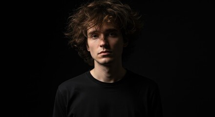 Naklejka premium Portrait of a young man with curly hair in a black shirt against a dark background studio shot