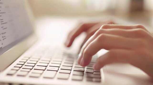 Hands typing on laptop keyboard Fingers press buttons on pc notebook keypad