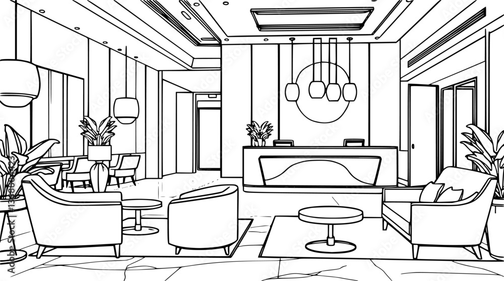 Poster minimalist outline of a luxury hotel lobby with reception desk vector illustration.