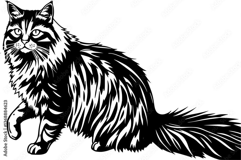 Poster outline of a maine coon cat fluffy large feline design vector art