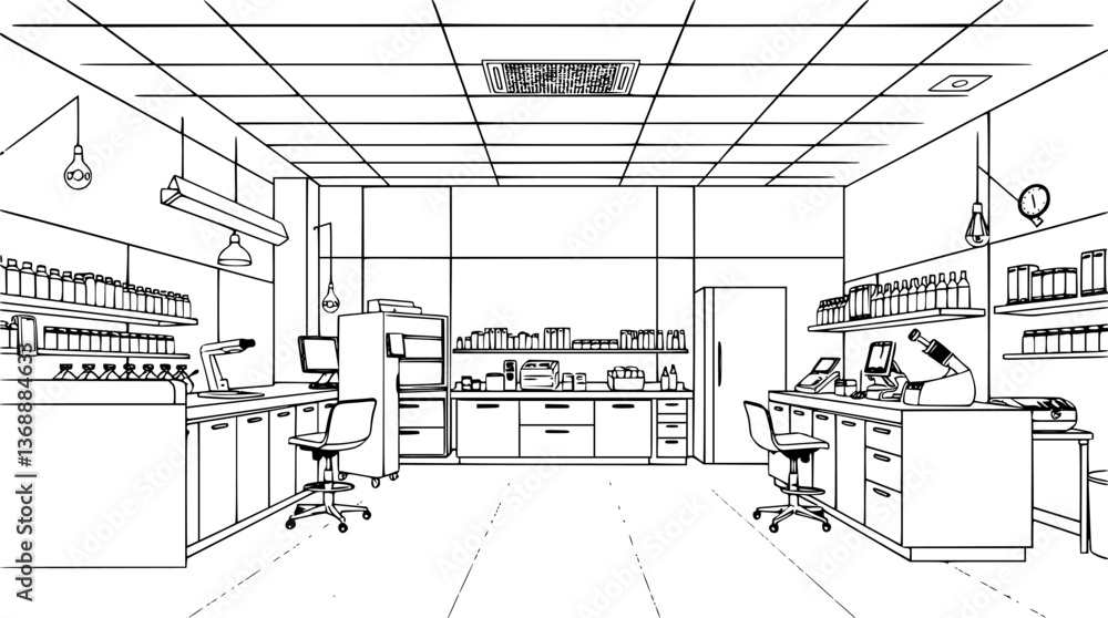 Poster outline of a laboratory with test tubes minimal science and healthcare vector illustration.