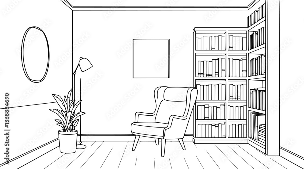 Poster outline of a private reading space with bookshelves clean vector design.