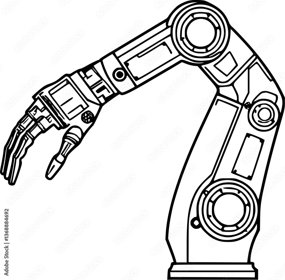 Poster outline of a robotic arm minimal industrial automation technology vector art.