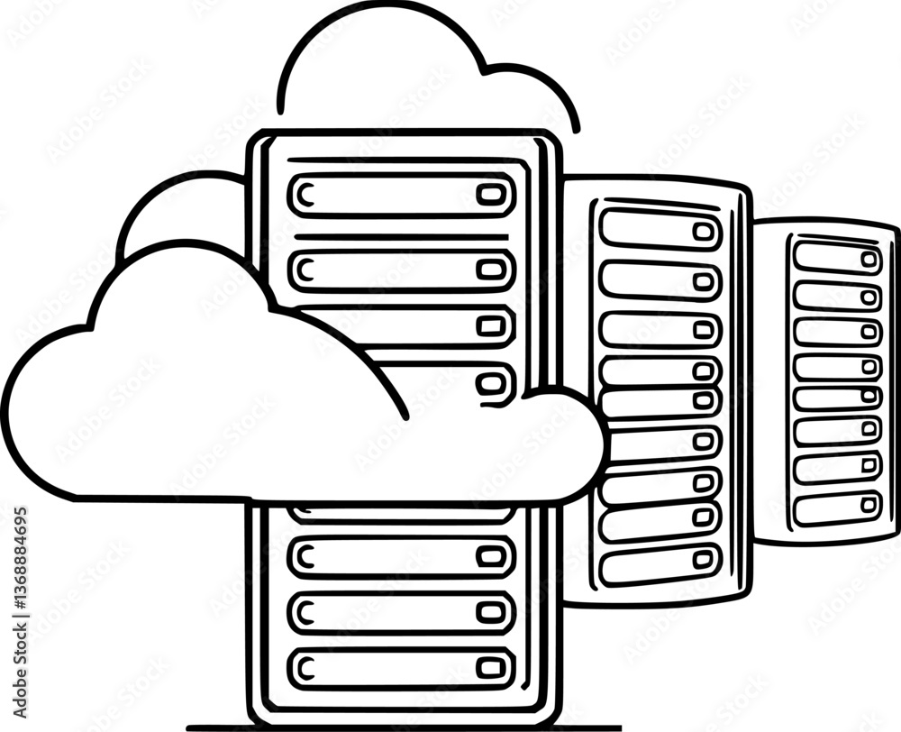 Poster outline of a server rack cloud computing technology vector illustration.