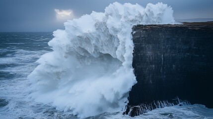 Massive Waves Crashing Against the Cliff During a Storm