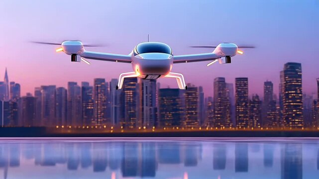 Futuristic air taxi flying over illuminated cityscape at sunset