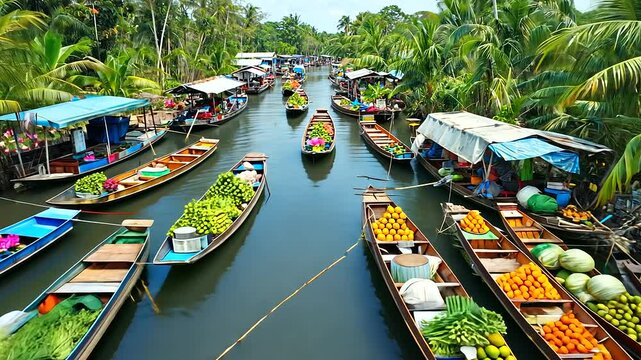 Frames A vibrant top-down shot capturing the colorful boats of a floating market in th a-2, 20811925