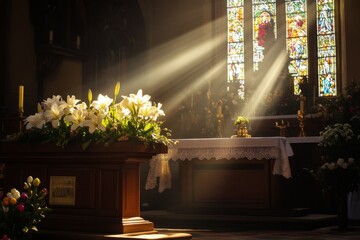 Soft rays of light break through stained glass, highlighting a floral arrangement on the altar in a peaceful church during morning service Generative AI