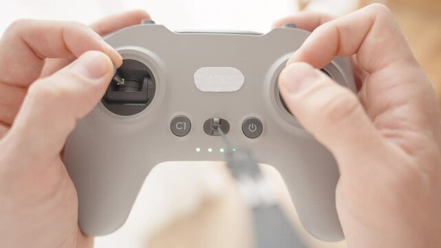 Hands Holding and Operating FPV Drone Joystick Controller from Overhead View in Soft Focus Light, Indoor Usage Concept